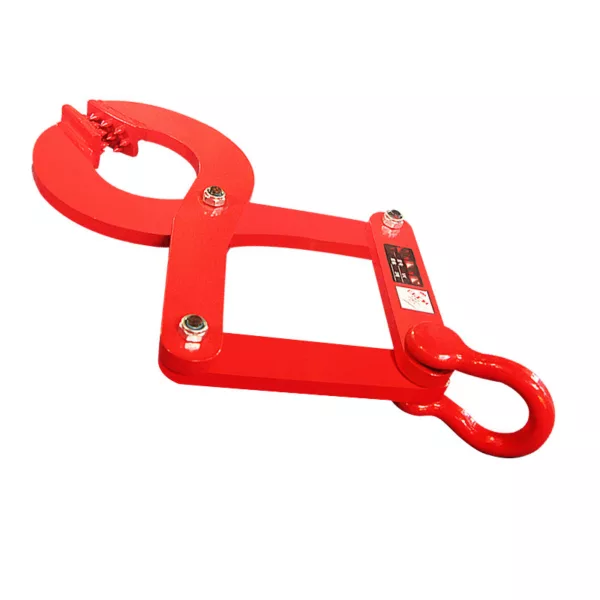 Red horizontal Pallet Clamp for lifting and transporting steel plates.