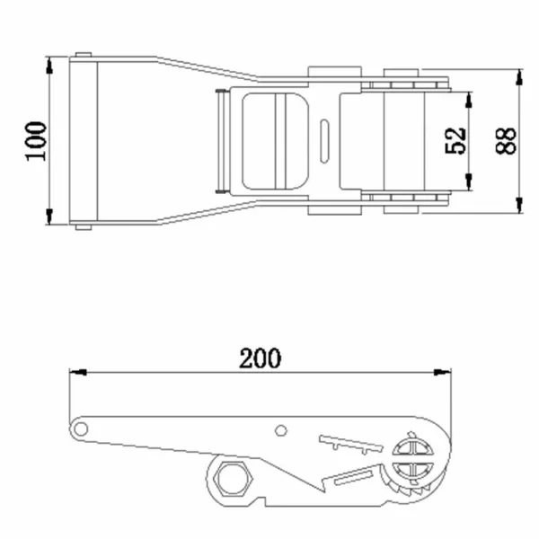 Technical drawing of a Double Security Ratchet Buckle, 2”, 5T with dimensions in millimeters.