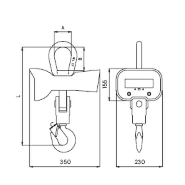 Technical drawing of a handheld Electronic Crane Scale GRDS Series with dimensions, featuring a top and front view.