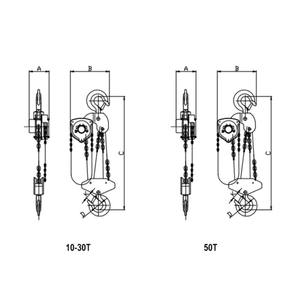 Technical diagram of two different ZHC-B Manual Chain Hoist for Industrial and Construction Use cable drum arrangements with pulley systems, labeled "10-30t" and "50t.