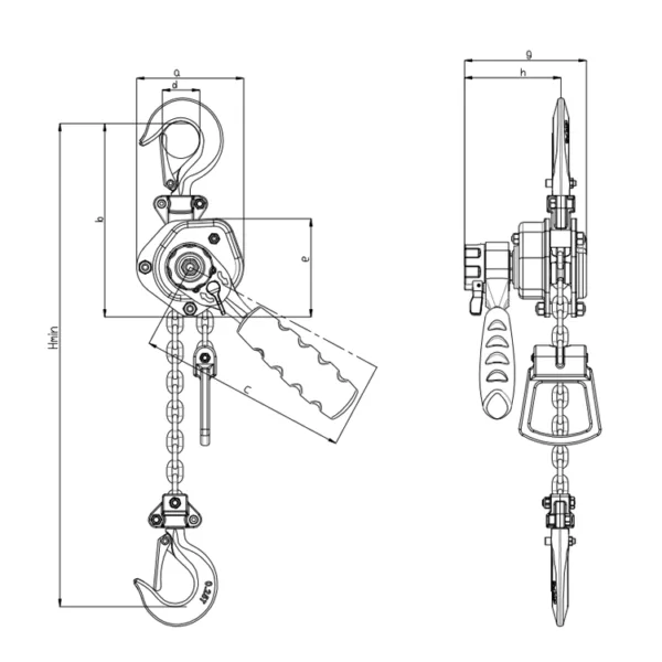 Technical illustration of a ZHL-DC Lever Hoist for Heavy-Duty Lifting from two different angles, detailing its mechanical components and design.