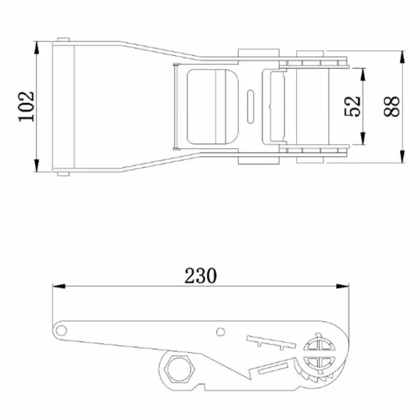 Technische Zeichnung einer Draufsicht und Seitenansicht einer 5T-Ratschenschnalle mit langem Griff mit Maßen in Millimetern und langem Griff.