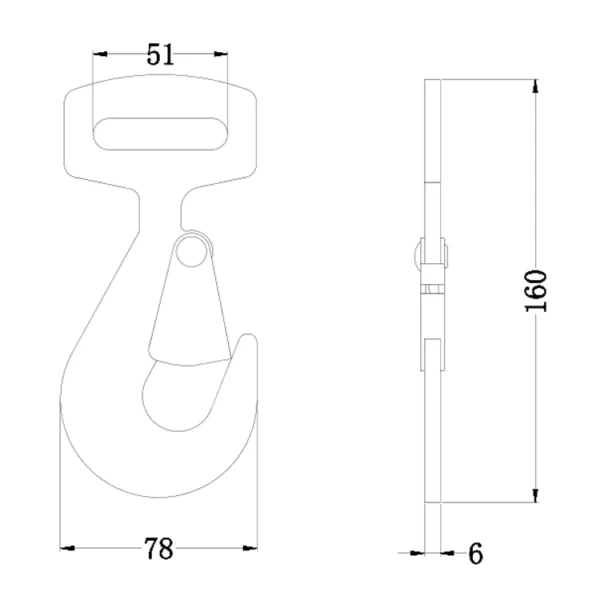 Technische Zeichnungen eines 2'' flachen Karabinerhakens mit Maßanmerkungen.