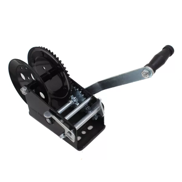 KC Hand Winch: Hand-operated black KC hand winch with a ratchet mechanism and a rotating handle.