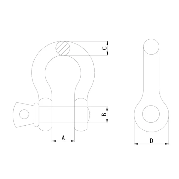 Technical drawing of a S.S. Screw Pin Bow Shackle, U. S Type AISI304 or 316 with dimensional annotations.