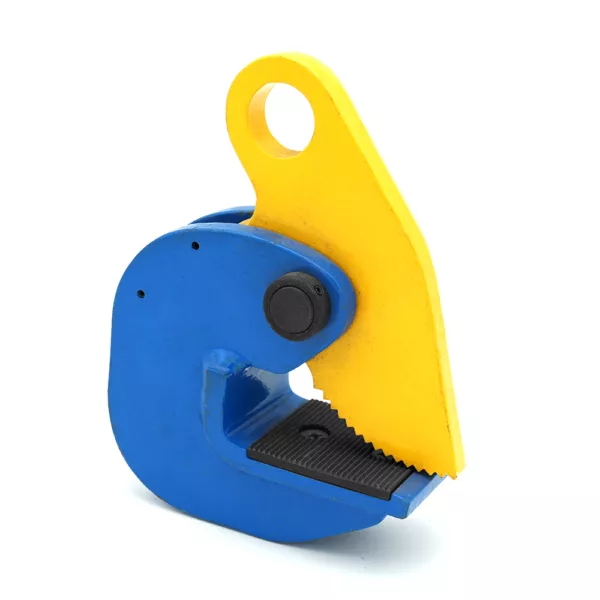 Blue and yellow plastic tape dispenser isolated on a white background with a Horizontal Plate Lifting Clamp ZHHC-A Type.