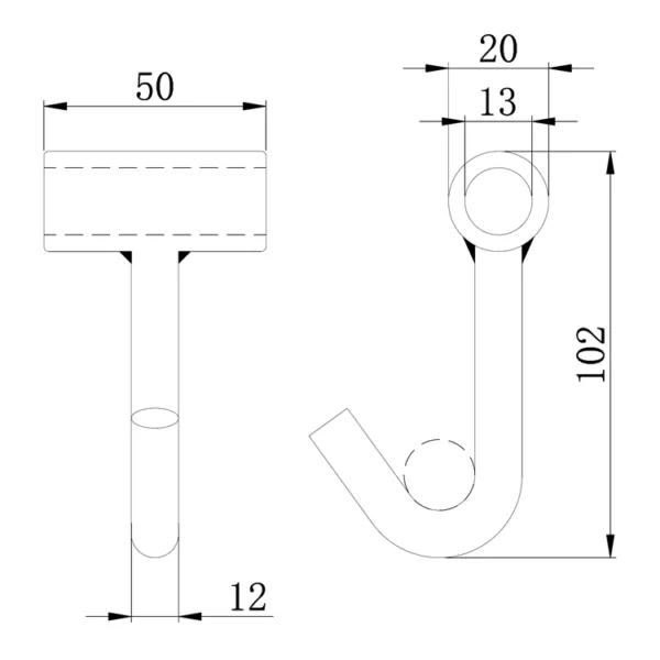 Technische Zeichnung eines 2'' 2,5T Single J Hook mit Rohr mit Maßanmerkungen.