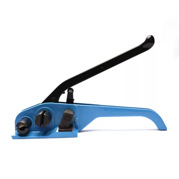 Blue Strapping Tensioner Machine, Fasten and Tighten Straps isolated on a white background.