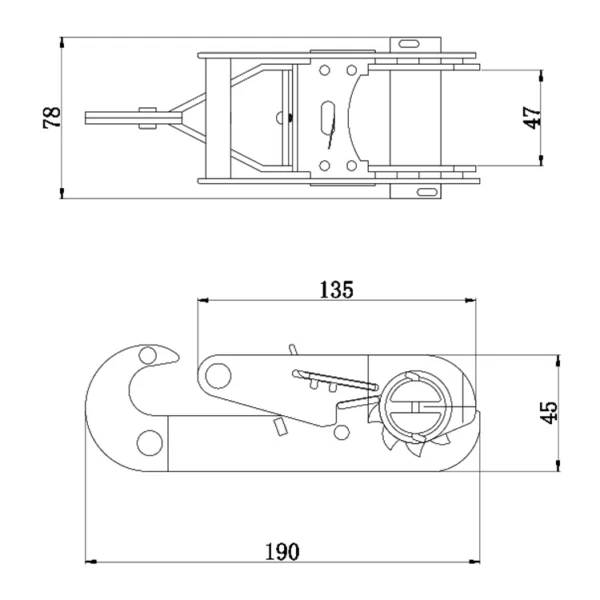 Technical drawing of a Ratchet Buckle with Hook End, 1-3/4", 3T/6000 lbs Breaking Load, including dimensions.