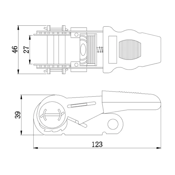 Technical drawing of a 1'' 750kg Small Ratchet Buckle, Rubber Coated with dimensions labeled.