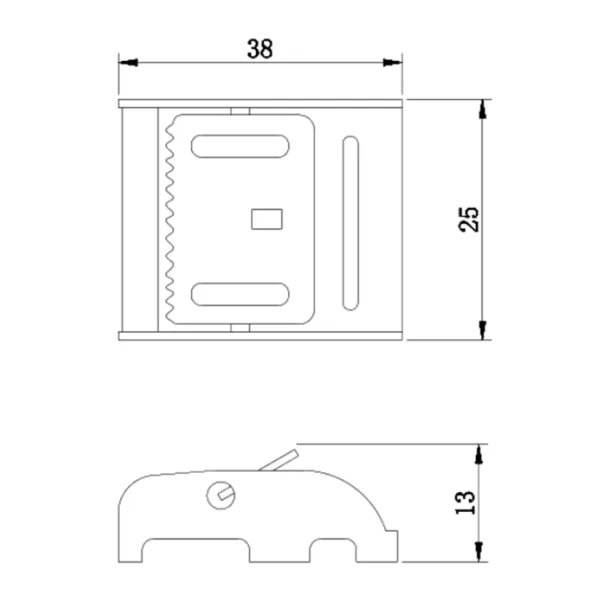 Technical drawing of a 3/4'' 80kg Steel Cam Buckle with dimensions: 38mm width, 25mm height, and 13mm depth.