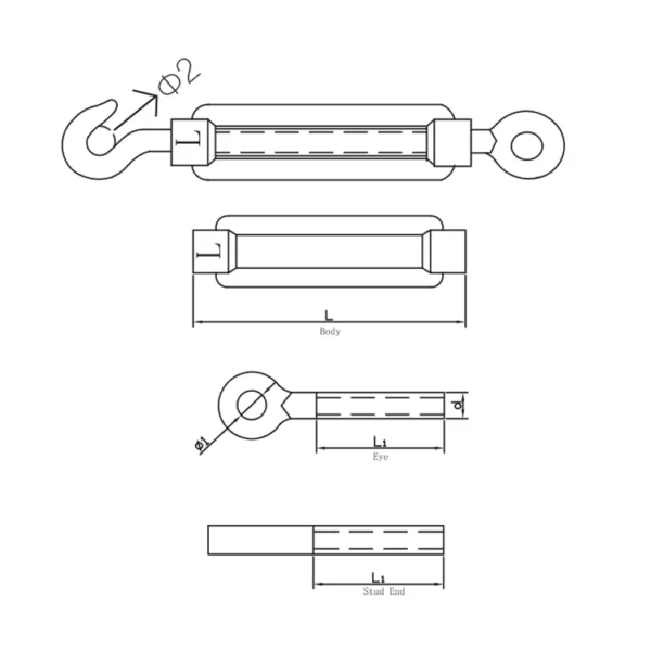 Technical drawing of a Zoro MRO Turnbuckle DIN 1480, showing top, side, and end views with dimensional annotations.