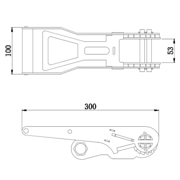 Technical drawing of a mechanical component with dimension annotations for an extra long handle ratchet buckle, 2” 5T.