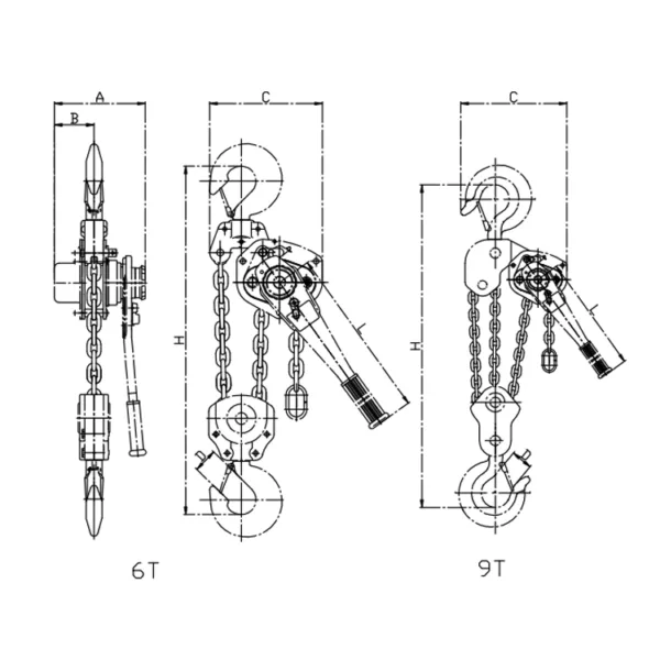 Technical schematic of a ZHL-D Lever Chain Hoist with labeled dimensions and parts, illustrating different operational positions.