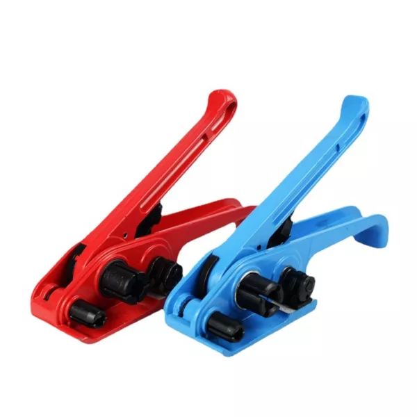 Two plastic spring clamps, Fasten and Tighten Straps, one red and one blue, isolated on a white background.