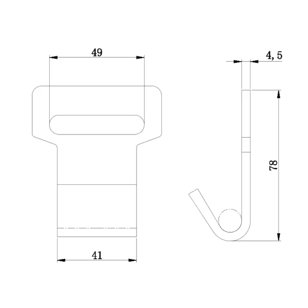 Technical drawing of a 1.5'' 3T Flat Hook with dimension annotations.