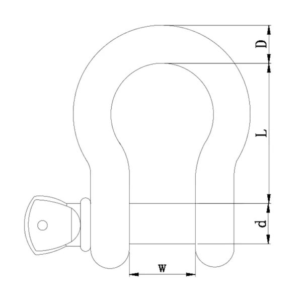 Technical diagram of a Grade S Bow Shackle with Screw PIN AS2741 with labeled dimensions w, d, l, and d.