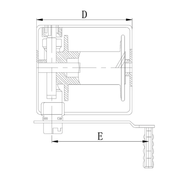 Technical drawing of a Manual Wire Rope Winch with dimensions d and e labeled.