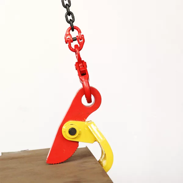 Red and yellow crane hook with a Horizontal Lifting Clamp ZHHC-B Type hanging against a white background.