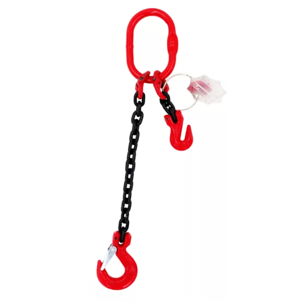 Red lifting hook with G80 Chain Sling isolated on white background.