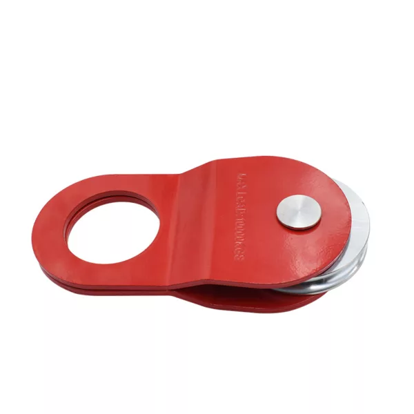 Red Off Road Snatch Block with a single sheave and a side plate, isolated on a white background.