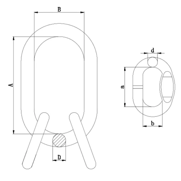 Technische Zeichnung eines G80 A345 Forged Master Link Assembly-Karabiners mit beschrifteten Abmessungen.