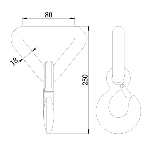 Technical drawing of a musical instrument tuner with dimensions, featuring a 2'' 5T Forged Hook with Triangle Ring.