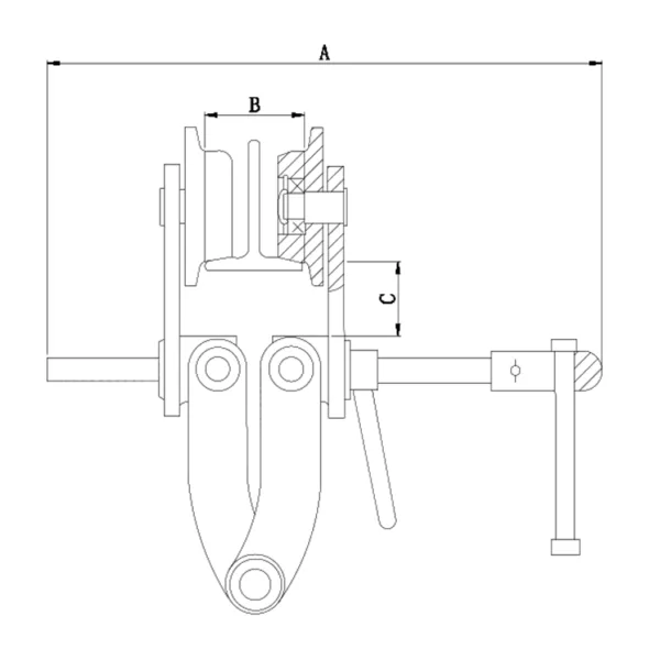 Technische Zeichnung einer Trolley-Klemme vom Typ T mit beschrifteten Abmessungen.