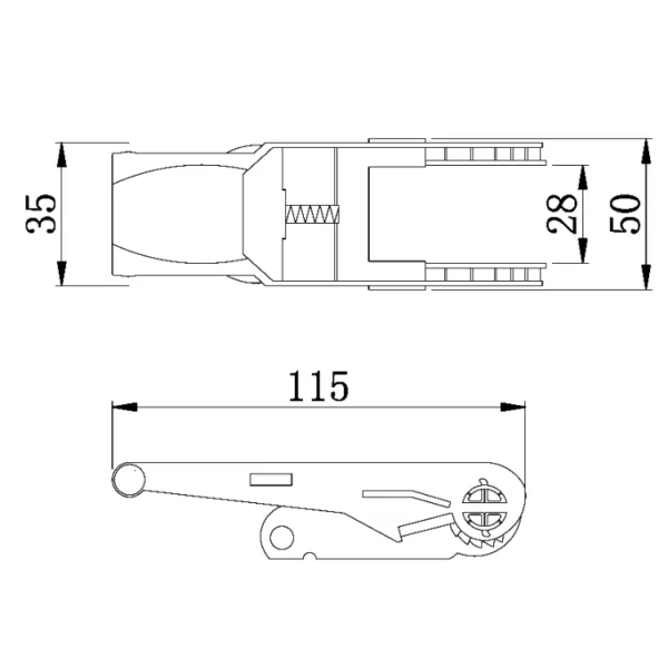 Technical drawing of a side and top view of a vehicle with dimensions in millimeters, featuring a 1” Rubber Coated Ratchet Buckle, 750kg.