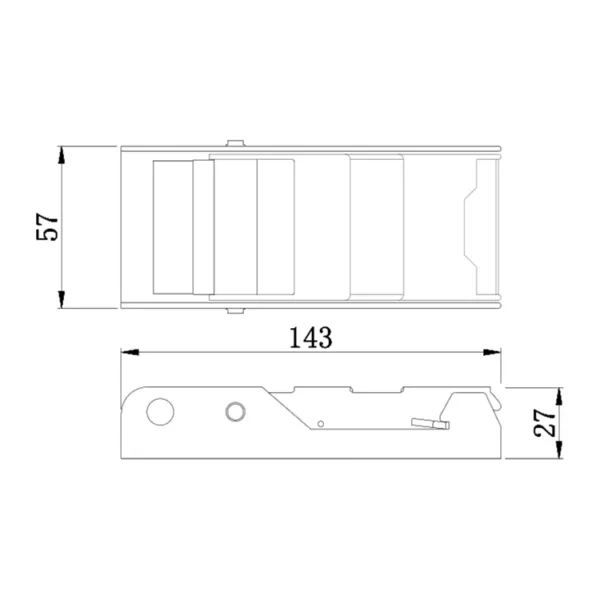 Technical blueprint of an Overcenter Buckle, 2'', 2T with measurements in millimeters.