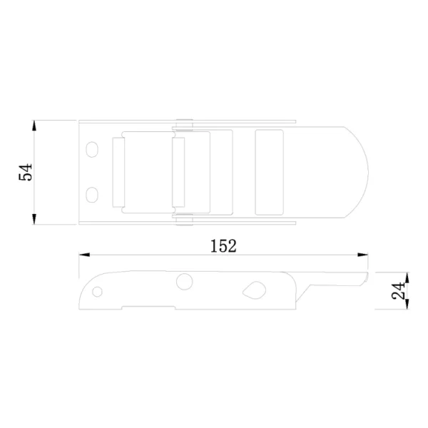 Technical drawing of a 450kg Overcenter Buckle, 2", Stainless Steel device with dimensions labeled, showing a side view and a bottom view.