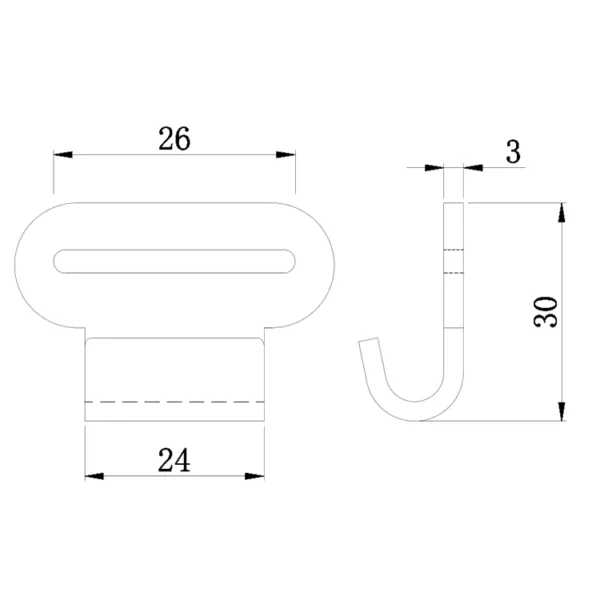 Technical drawing of a u-shaped object with dimensions: 26 units wide, 30 units tall, and 3 units in diameter with a smaller section at 24 units featuring a 1'' 800kg Flat Hook.