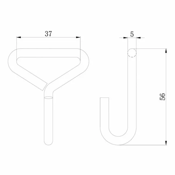 Technical drawings of a filter or funnel, and a 1.5'' 100kg Single J Hook with dimensions in millimeters and inches.