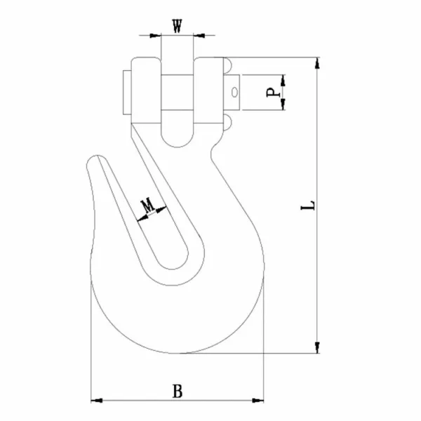 Technical diagram of an Australian Clevis Slip Hook with labeled dimensions.