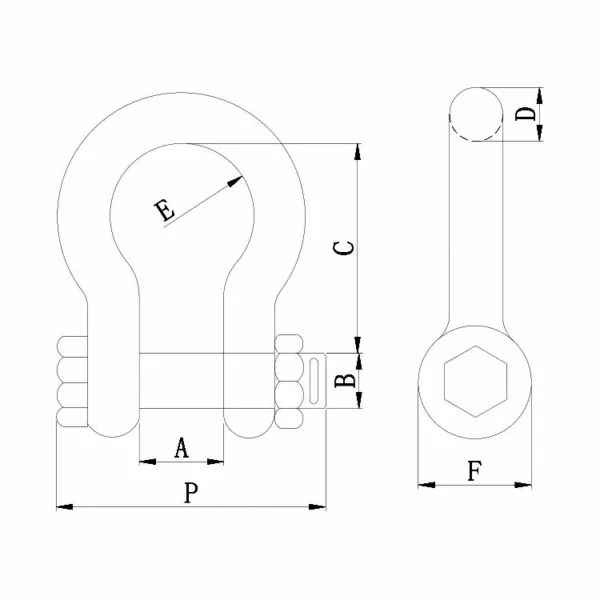 Desenho técnico de uma manilha de arco em aço inoxidável AIS1304 ou 316 com dimensões e peças etiquetadas.