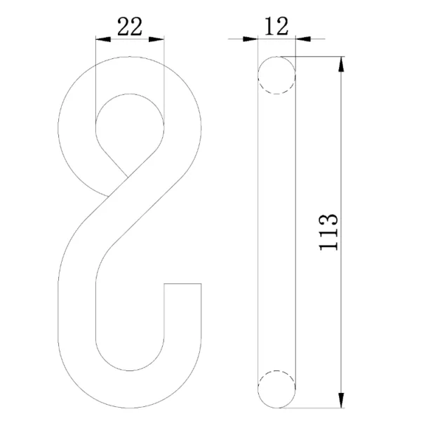 Technical drawing of a 1" 1.8T S Hook PVC Coated with dimensional annotations.