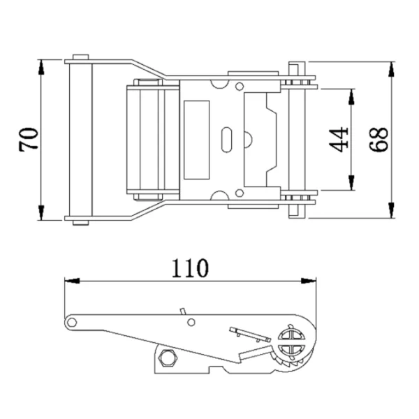 Desen tehnic al unei catarame cu clichet cu mâner lat, 1,5'', 2T cu adnotări de dimensiuni în milimetri.