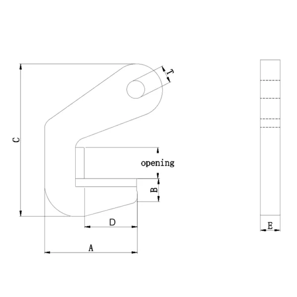 Technical drawing of a Plate Lifting Clamp Horizontal with labeled dimensions and an opening for attachment.