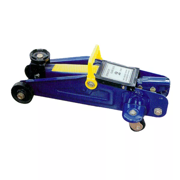 A blue Car Floor Jack with a yellow handle.