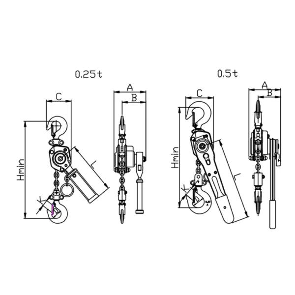 የZHL-C Manual Lever Hoist ቴክኒካል ሥዕሎች በመጠን ማብራሪያዎች።