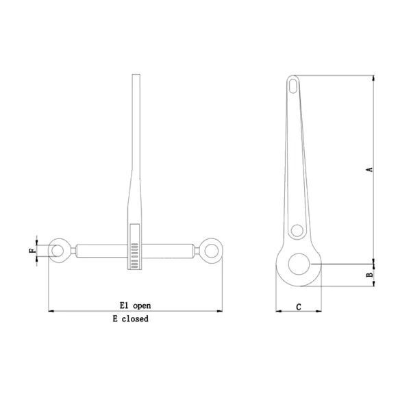 Technical drawing of a 5/8'' - 1/2'' Ratchet Chain Binder without Link and Hook with open and closed positions indicated.