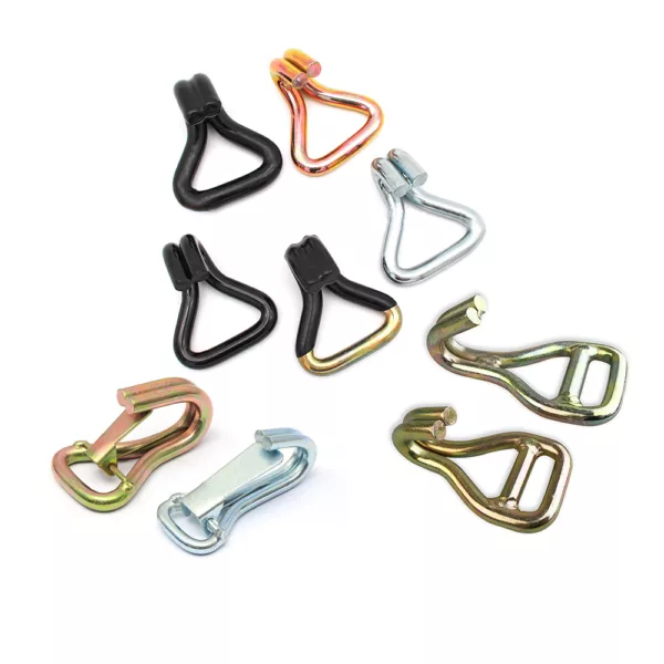 Assorted 1'' 1.5T Double J Hook climbing carabiners on a white background.