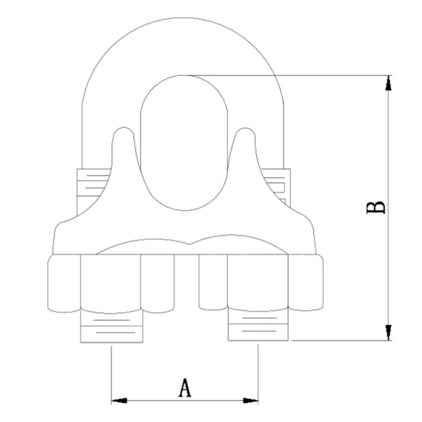 Технический чертеж механической части с обозначенными размерами a и b, показывающий деталь зажима для троса из нержавеющей стали DIN 741.