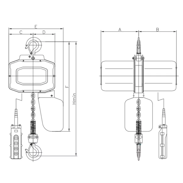 Technical drawing of a HBS Fixed Electric Chain Hoist mechanical assembly with dimension annotations.