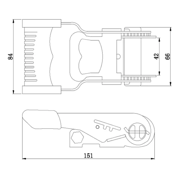 Desenho técnico de uma Fivela Catraca 2T de 1,5” com medidas indicadas em milímetros.