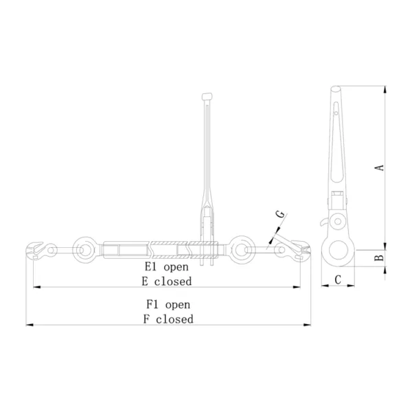 Technical drawing of a mechanical apparatus with Folded Type Quick Chain Binder in open and closed positions labeled.