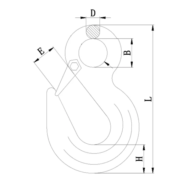 Technical drawing of a G100 Eye Sling Hook with Latch, including labeled dimensions.