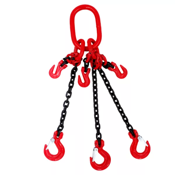 A red and black G80 Chain Sling quad leg grab hook with foundry hooks isolated on a white background.