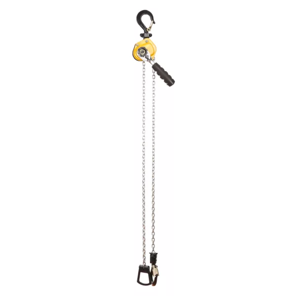 Self-retracting lifeline with a carabiner and hook, ZHL-DC Lever Hoist for Heavy-Duty Lifting isolated on a white background.