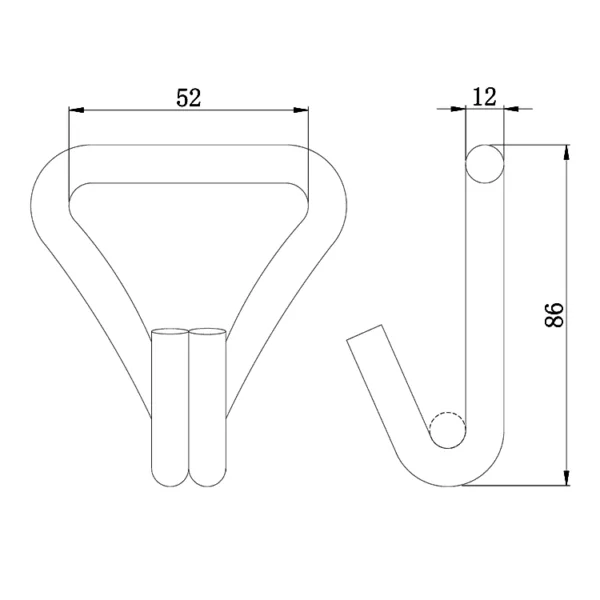 Technical drawing of a 2'' 3T Stainless Steel Double J Hook with dimensional annotations.